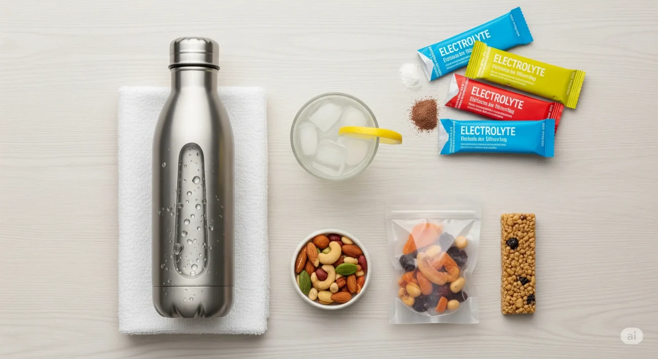 Water Bottle, Snacks, and Hydration Tools